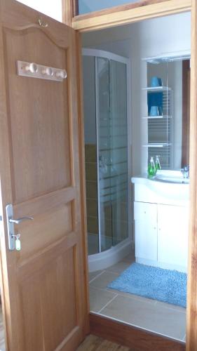 La salle de bains est pourvue d'une douche, d'un lavabo et d'une porte. dans l'établissement Au clair du soleil, à Saint-Juire-Champgillon
