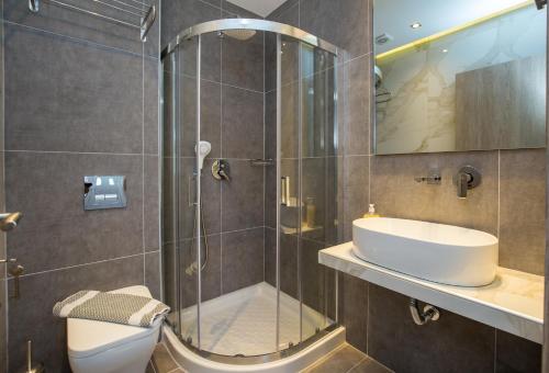 een badkamer met een douche, een toilet en een wastafel bij Vasilis Studios in Potos