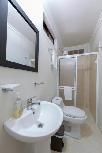 a bathroom with a sink and a toilet and a mirror at Apartamentos Primavera in Jardin