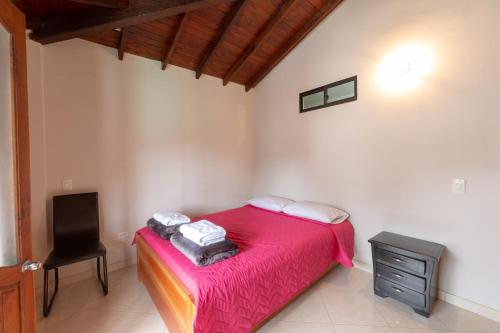 a bedroom with a pink bed and a chair at Apartamentos Primavera in Jardin