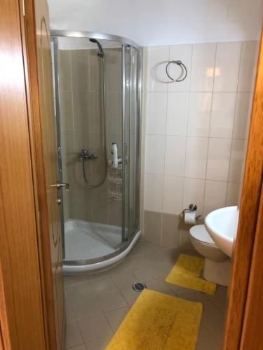 a bathroom with a shower and a toilet and a sink at Artemis Apartments in Lefkada