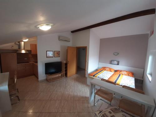 Schlafzimmer mit einem Bett, einem Schreibtisch und einem TV in der Unterkunft Apartma & RAfting in Kobarid