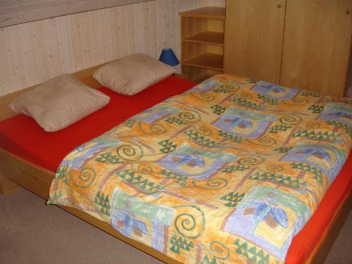 ein Bett mit einer bunten Decke darüber in der Unterkunft Strandhaus Deichkrone in Baabe