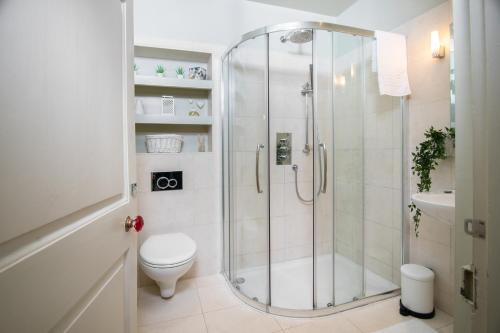 a bathroom with a shower with a toilet and a sink at Stunning Royal Crescent Apartment with 3 Bedrooms in Bath