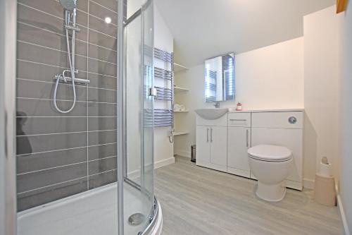 a bathroom with a shower and a toilet at Modern Commercial Street Maisonette in Lerwick