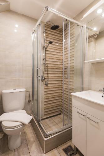 Un baño con ducha, inodoro y lavabo. en GRACE, en Tošin Bunar