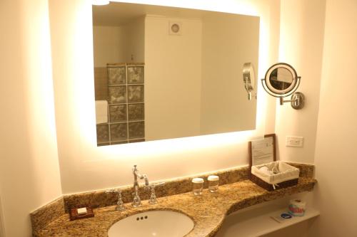a bathroom with a sink and a large mirror at Coco Palm in Gros Islet