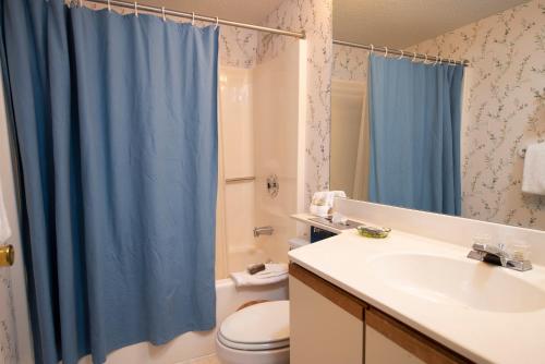 a bathroom with a blue shower curtain and a sink at Winterplace on Okemo Mountain in Ludlow