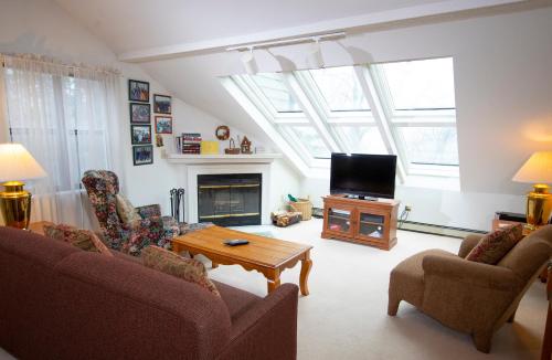 a living room with two couches and a tv at Winterplace on Okemo Mountain in Ludlow