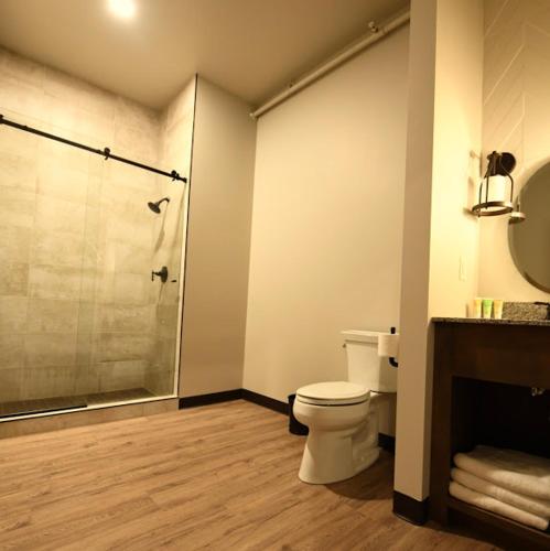 a bathroom with a toilet and a glass shower at Crosby Lofts in Crosby