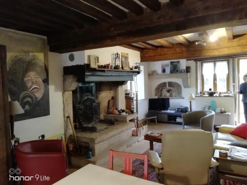 un salon avec une cheminée et un canapé dans l'établissement Chambre d hôte le lavoir, à Saint-Brisson