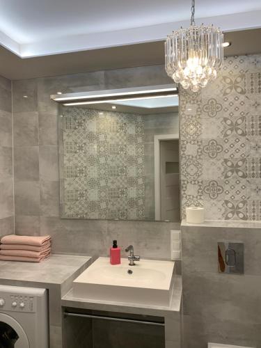 La salle de bains est pourvue d'un lavabo et d'un miroir. dans l'établissement Apartament Zacisze Rose Gold, à Malbork