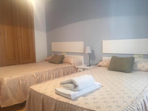 ハカにあるApartamentos 7 Valles Jaca Centroのタオルが敷かれたベッドが2つあるホテルの部屋