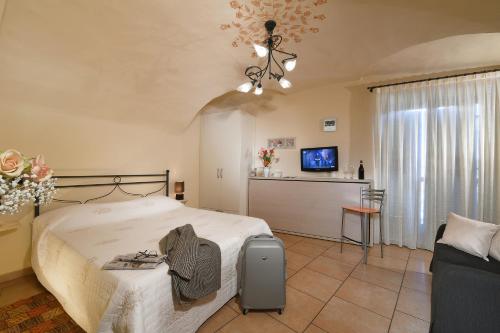 CarrùにあるVista Sulle Langheのベッドルーム(ベッド1台、テレビ、ソファ付)