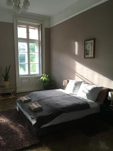 a bedroom with a large bed with a window at Basilica Apartment in Budapest