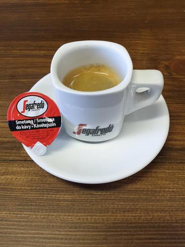 a cup of coffee on a plate on a table at Chatový tábor Malý Ratmírov in Malý Ratmírov