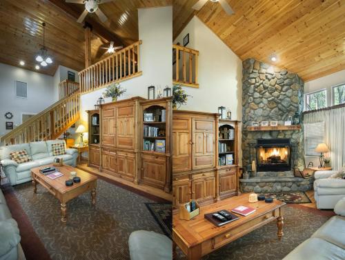 two images of a living room with a stone fireplace at 2A The Terry Cabin in North Wawona
