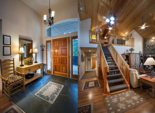 two images of a living room and a staircase in a house at 2A The Terry Cabin in North Wawona