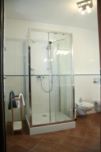a glass shower in a bathroom with a toilet at Siesta Apartments in Sopot