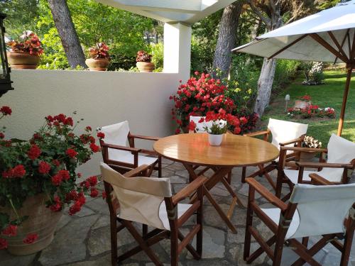 撒尼海灘的住宿－Sani Villa Maria，庭院里种着鲜花,配有木桌和椅子