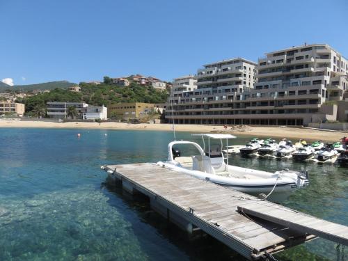 ein Boot, das an einem Dock neben einem Strand angedockt ist in der Unterkunft côté plage in Propriano