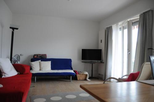 a living room with a blue couch and a tv at Acquachiara in Ponte Tresa