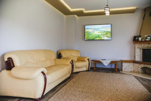 a living room with a couch and a fireplace at Pensiunea Andres in Sovata