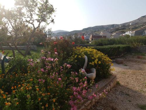 a garden with a statue in the middle of flowers at Apartmani Dalmatinka in Metajna