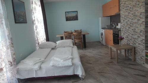 a small room with a bed and a kitchen at Hiora Apartments Vasiliko in Tsarevo