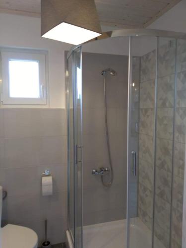 a bathroom with a shower with a glass door at Domki na górce in Kołczewo