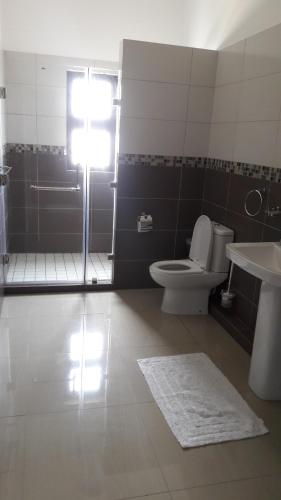 a bathroom with a toilet and a shower and a sink at villazur in Flic-en-Flac