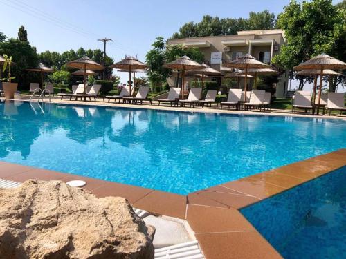uma grande piscina com cadeiras e guarda-sóis em Maison Hotel em Halkidona