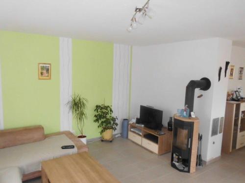 a living room with a bed and a tv at Gästehaus Querenhorst in Querenhorst