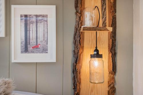 a light hanging from a wall with a picture of a dog at Dobby Lodge in Bassenthwaite
