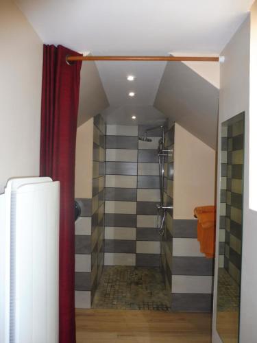 a bathroom with a shower with a red curtain at 4 Chambres meublées et un seul studio avec petite cuisine in Til-Châtel