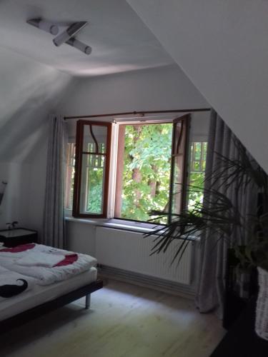 a bedroom with a window and a bed in a room at Biały apartament in Polanica-Zdrój