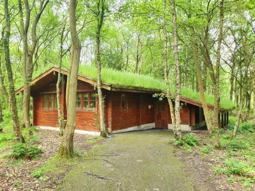 a log cabin with a grass roof in the woods at Chevin Country Park Hotel & Spa in Otley