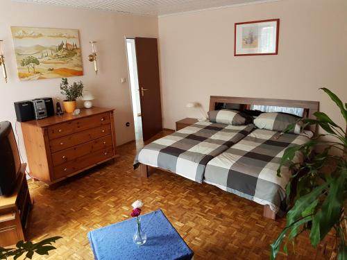 a bedroom with a bed and a dresser and a tv at Ferienwohnung Sauer in Fritzlar