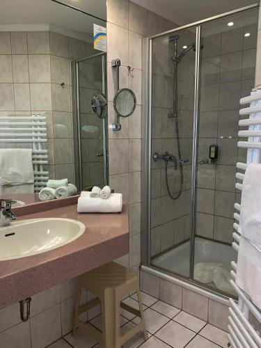 a bathroom with a sink and a shower at Hotel Zum Stein Wellness & Genuss Resort in Oranienbaum-Wörlitz