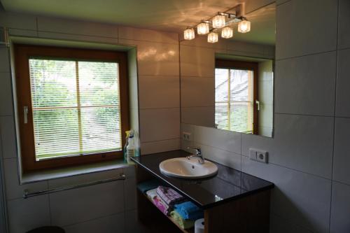 ein Bad mit einem Waschbecken und einem Spiegel in der Unterkunft Bauernhaus Heisenbauer in Neukirchen am Großvenediger