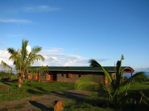 a house with palm trees in front of the ocean at Heva Eco Lodge in Hanga Roa