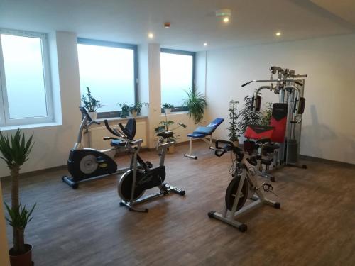 a gym with several exercise equipment in a room at Ruhr Inn Hotel in Hattingen