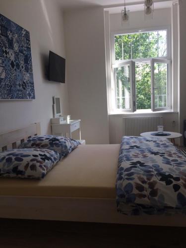 sypialnia z łóżkiem i oknem w obiekcie Apartmán nad Imperiálem w Karlowych Warach