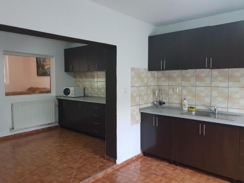 a kitchen with dark brown cabinets and a sink at Pensiunea Mary in Moieciu de Jos