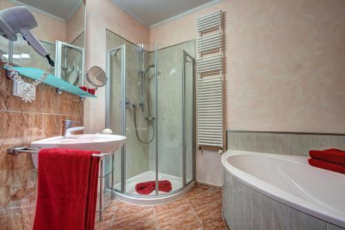a bathroom with a shower and a sink and a tub at Seeschloß Heringsdorf - Villa aus Gründerzeiten in Heringsdorf