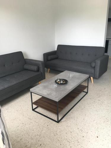 a living room with two couches and a coffee table at Christos Apartments in Drousha