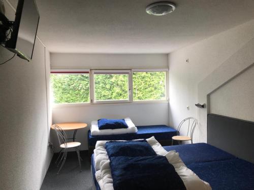 a small room with two beds and a window at Vakantiepark de Oude Molen in Groesbeek