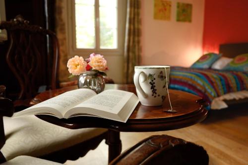 a table with an open book and a cup of coffee at Chambres d'Hôtes Domaine du Hameau Baylesse in Saint-Jean-dʼAigues-Vives