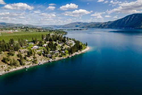 an aerial view of a small island in the middle of a lake at The Hawks Nest in Manson