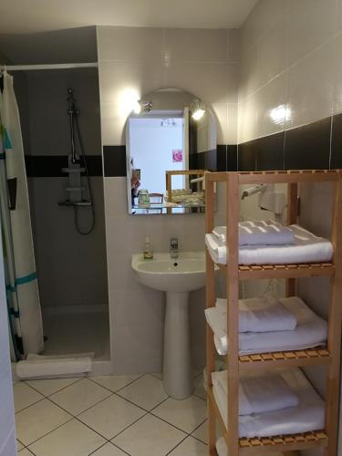 une salle de bain avec un lavabo et un miroir dans l'établissement Auberge du Vieux Tour, à Canapville